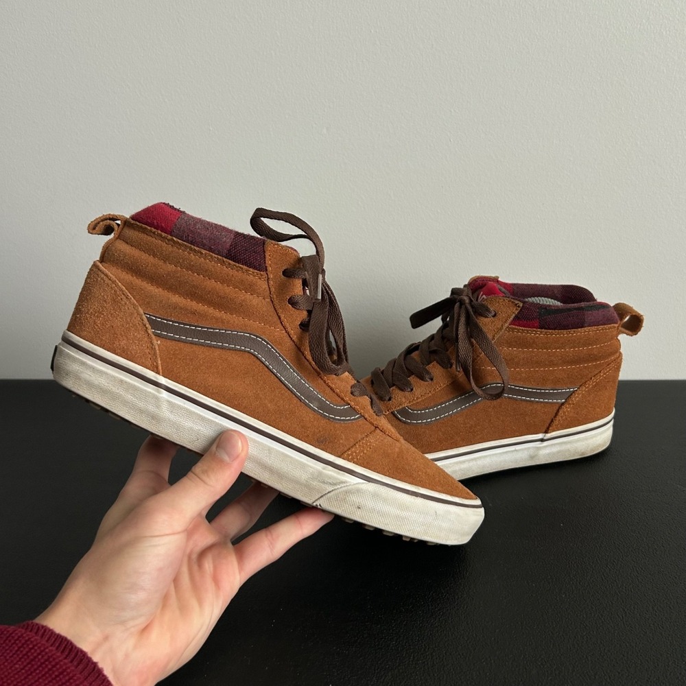 Vans Ward Hi MTE Sneakers Men Size 8.5 Brown Suede Red Plaid Winter Boots 721356